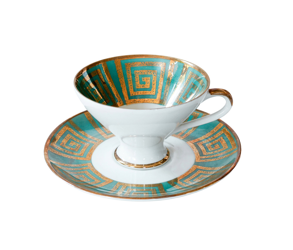 VTG 1960s Bareuther Bavaria Demitasse Teacup Set Greek Key Regency MCM Art Deco